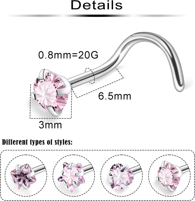 Ftovosyo Hypoallergenic Nose Rings Studs 18G & 20G Surgical Steel Nose Studs L Shaped Nostril Piercing Jewelry with Pink Cubic Zirconia for Women & Men - Image 2